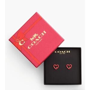 New Coach Faux Stone Pave Heart Red Stud Earrings Holiday Christmas Box